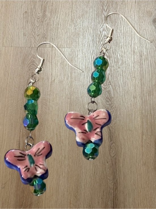 Hand Crafted Jewelry - Hand Crafted Porcelain Butterfly Dangle Earrings Blue Pink Green Pierced
